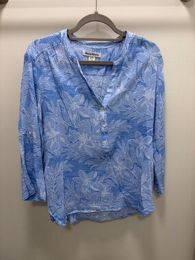 Tommy Bahama Light Blue White Floral V-Neck Button Pullover Tunic